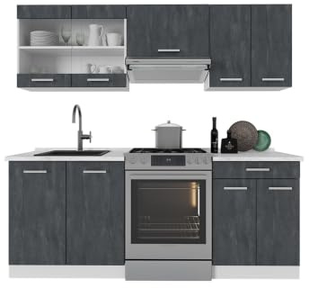 Vicco Küche R-Line, Schwarz Beton/Weiß, 200 cm | 5 Module · Höhenverstellbare Füße · Ohne Arbeitsplatte · Robuste Fronten · Mit Glasschrank · Frei kombinierbar