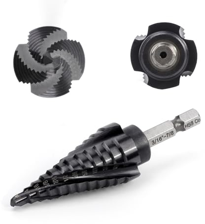 COMOWARE M35 Cobalt Step Drill Bit, 4 Spiral Flute, Step bit with 3/8 Hex Shank, 12 Sizes (3/16 to 7/8), Steps bits for Metal, Stainless Steel, Aluminum/Wood/Plastic, Unibit for Electricians & DIY