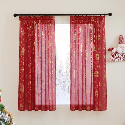 PONY DANCE Tende Rosse Natalizie 2 Pezzi 140x160 CM Decorazione Voile Curtains Corte con Effetto Lino Tende Natalizie Trasparenti per Interni con Fettuccia