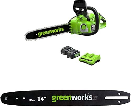 Greenworks 48V(2x24V) Akku Kettensäge mit bürstenlosem Motor, 14 Zoll (35cm) Blattlänge Mit zwei 4Ah Akkus & Doppel-Ladegerät + Greenworks 35cm Ersatzschwert für Kettensäge