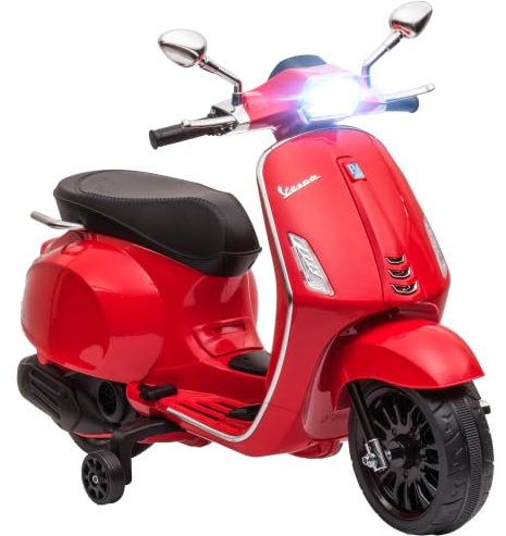 AIYAPLAY Elektro Kindermotorrad, Vespa 6V Elektromotorrad mit MP3, USB, FM-Radio, LED-Scheinwerfer, Kinderfahrzeug mit 2 Stützrädern, Elektro Motorrad für 3-6 Jahre Kinder, Rot