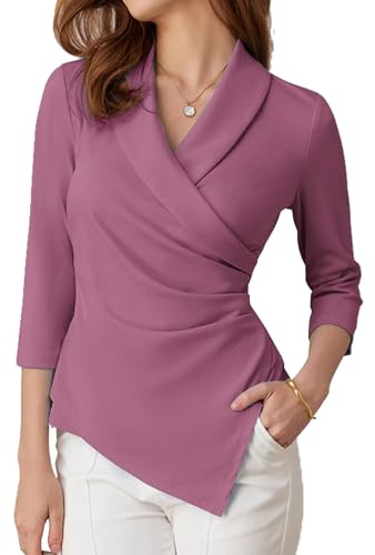 GRACE KARIN Chemisiers Femme élégant 3/4 Manches Longues Tenue de fête Chemisiers Portefeuille Femme Coupe cintrée Hauts Gothiques ElegantXXL Violet-Rose -13