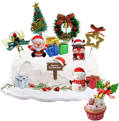 15 Pcs Christmas Cake Topper Merry Christmas Cake Decorations with Craft Christmas Tree Santa Reindeer Snowman Cupcake Decorations for Xmas Party Ornaments Decor Supplies
