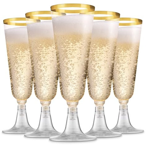 Munfix 100 Pack Gold Plastic Champagne Flutes, 5 Oz Clear Plastic Toasting Glasses Fancy Disposable Wedding Party Cocktail Cups with Gold Rim