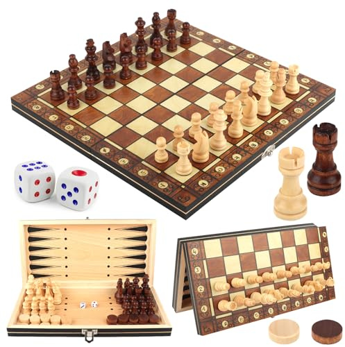 KUOFANY Schachspiel aus Holz, 3 in 1 Schachbrett Schachspiel, Tragbares und Faltbares Chess Board Set, Faltbares Magnetisches Schach Brett Set für Kinder Erwachsene Party Reisen - 29x29cm