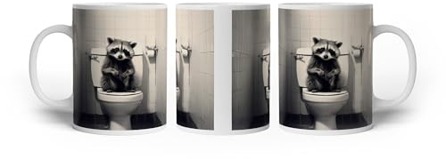 deyoli Tasse à motif raton laveur sur toilettes dans une ambiance noire et blanche réfléchie 300 ml en céramique blanche / tasse à café / idée cadeau