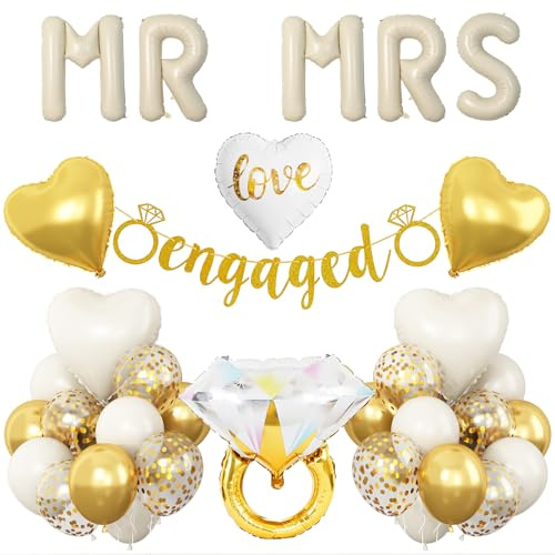 Sand White Engagement Party Decorations, MR and MRS Balloons Decor, White Gold Confetti Balloons, Love Heart and Diamond Ring Foil Balloon with Engaged Banner for Wedding Engagement Party Decoration
