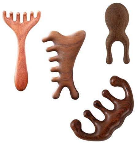 VARKAGE 4 Stück Kopfhaut Massagebürste Holz, Nass Trocken Gua Sha Kamm, Scalp Massager für Reduziert Schuppen und Stimulieren Das Haarwachstum