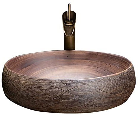 asdchZen Lavabo De Vasija Vintage, Lavabo sobre Encimera Marrón, Lavabo De Tocador, Lavabo Artístico