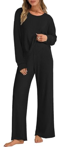 Joligiao Conjunto Dos Piezas de Tejido Mujer Casual Conjunto Punto Mujer Tops de Manga Larga Cuello Redondo y Pantalones Talla Grande Suelto Chándales para Mujer Deportivo(Negro,L)