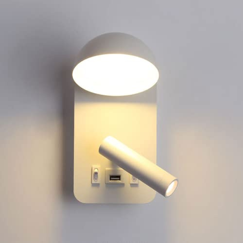 Spotlight a LED, LED Regolabile Verso l'Alto su Una Parete con Porta USB e 2 Interruttore, Lampada da Lettura del Letto Rettangolare 3000K 3000K 3W ALUMINUME + FIGLITTO di LIMINA della MEVIO GOBE
