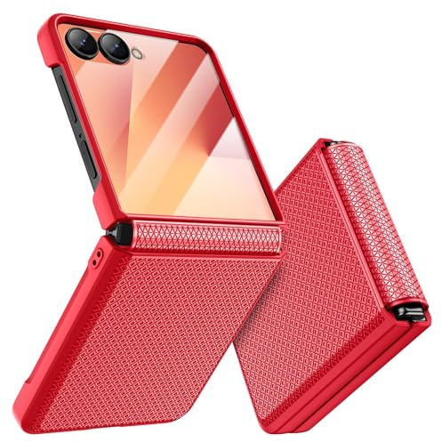 Doeshine für Samsung Galaxy Z Flip 7 Hülle [Not für Flip 7FE] mit Scharnierschutz & Displayschutzfolie, Rutschfester Textur, Hard PC Militär Stoßfest Schutzhülle Kratzfest Rugged Cover (Rot)