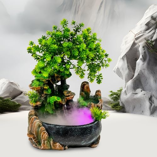 Genérico Fuente De Rocalla De Escritorio, Atomización Y Humidificación con Luz Led, Material De Resina Liviano, Decoración De Oficina Y Dormitorio, Fuente De Agua En Cascada De 6.7 Pulgadas