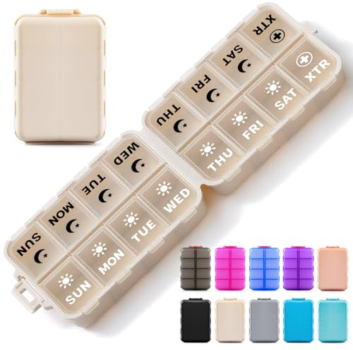 Foldable Weekly Pill Organizer 2 Times a Day with 2 Extra Compartments (Clear Printed Labels) - Portable 7 Day AM PM Medicine Box, Week Daily Travel Pill Case Holder for Vitamin, Supplement - Khaki