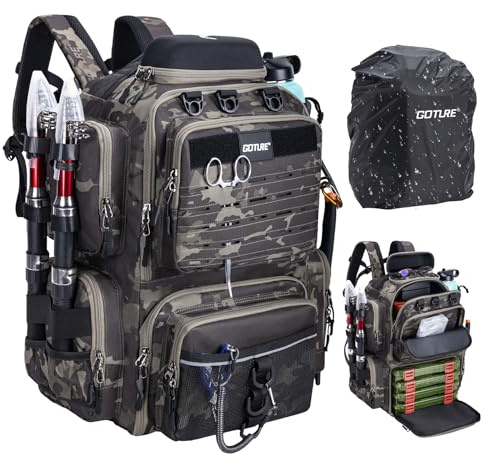 Goture Mochila de pesca con 4 cajas de cebo de pesca, mochila de accesorios de pesca de 55 litros con dos soportes para cañas y protector de lluvia, tela Oxford 900D, bolsa impermeable para aparejos