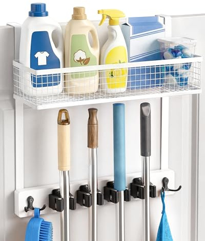 Lorbro Over the Door Broom Holder with Cleaning Supply Organizer, Wooden Mop and Broom Holder Wall Mount, 4 Grips, 4 Hooks, No-Drill Storage Rack, Mop Hanger for Laundry Room, Garage, Storage