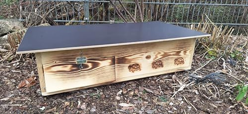 Woid Herz Maison de tortue de qualité supérieure (SH10) en bois massif de 20 mm - Brûlée - Résistante aux intempéries - Avec sol et porte - Ventilation réglable - Enclos pour tortues - Roue libre