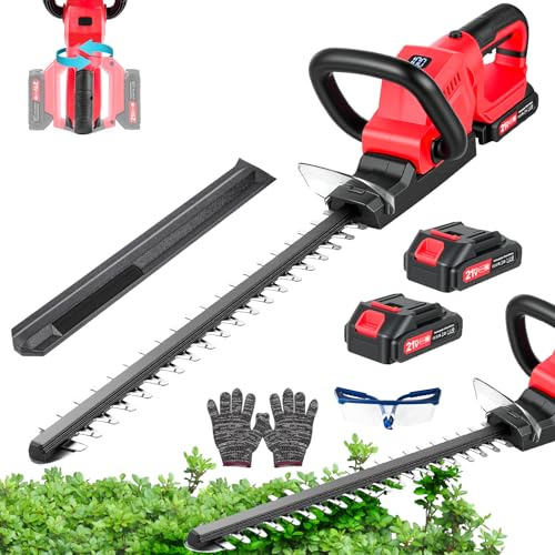 Heckenschere Akku 20-Zoll, 21V Akku Heckenschere mit 2 * 3000mAh Akku und Ladegerät - (180° drehbarer Griff, 52cm Dual Action Klinge, Schnittstärke 15 mm) 750W Heckenschneider für Hecken und Sträucher