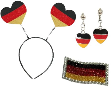 KarnevalsTeufel Deutschland Fan Set Herz Haarreif & Ohrclips | Deutschland Fan Set mit Herz Haarreif, Ohrclips und Tattoo für EM, WM, Public Viewing und Fanpartys.