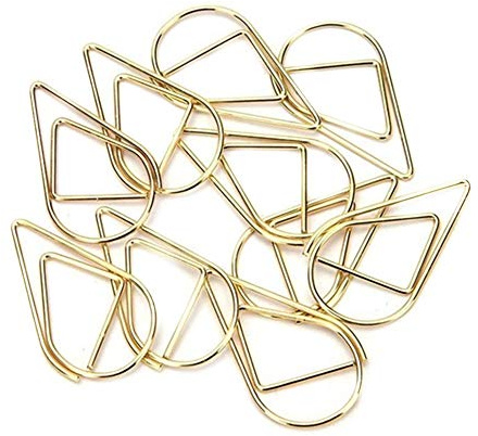 100 petits trombones/marque-pages dorés, en forme de goutte d'eau en acier inoxydable - Pour livre, mémo, papier, poster, photo