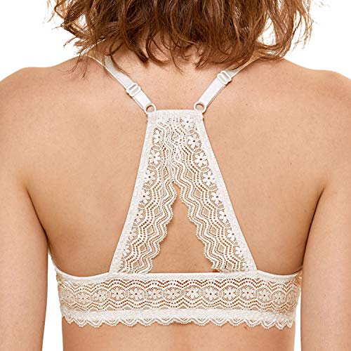 DOBREVA Dam Push Up Bh Racerback Front Stängning Bh:ar Plunge Bygel Tshirt Vadderad Spets Elfenben 80B