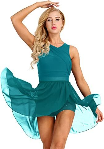Ranrann Justaucorps de Danse Latine Sans Manches pour Femme - Robe Asymétrique de Ballet, Chacha, Tango en Mousseline de Soie - Tenue de Bal et Spectacle - XS-XL Vert L