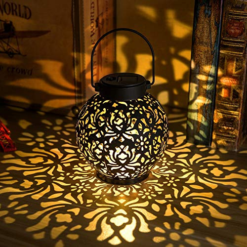 EXCMARK 2 Pack Outdoor Solar Hanging Lantern Lights Metal LED Decorative Lamp for Garden Patio Courtyard Lawn and Table with Hollowed-Out Design (Black)