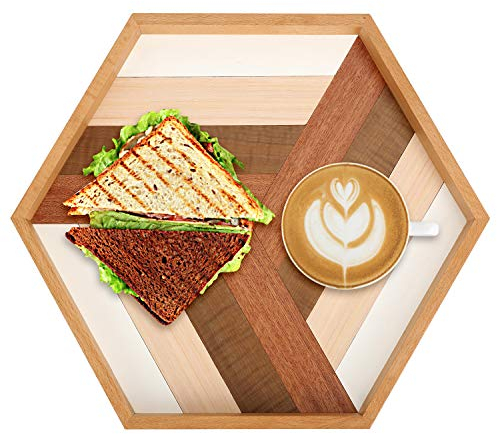 QUEENSDOWN 34 cm x 29 cm x 3 cm Sechseck-Serviertablett Holzhandgefertigt, ideal für Abendessen-Tablett/Dessert-Tablett/Frühstücks-Tablett oder Picknick-Tablett - Gut für Partys (A)