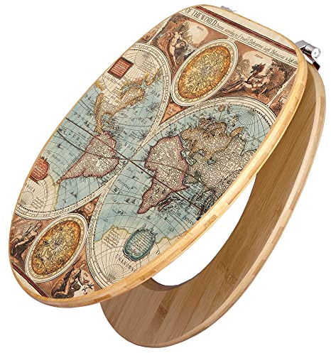 banjado Design WC Sitz Bambus 45x37,5cm / Toilettendeckel Holz/hochwertiger Toilettensitz/Bambus-Toilettendeckel für alle gängigen Toiletten - Historische Weltkarte