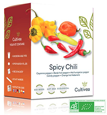 Chili Anzuchtset - 100% BIO Samen - Garten und genießen - Geschenkidee (Cayenne-Chili, Barak-Chilli, ungarischer Pfeffer, Kandis-Pfeffer, Hot Habanero Chili) - Scharf & Mild - CULTIVEA®