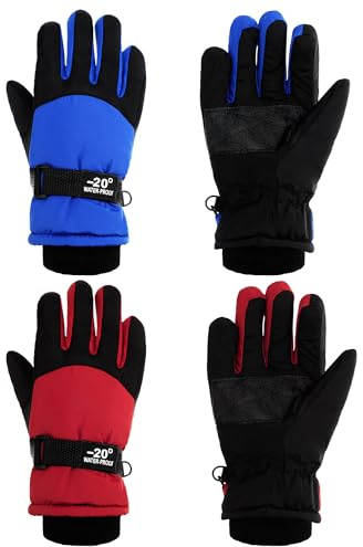 SATINIOR 2 Pairs Kids Waterproof Winter Snow Gloves Ski Gloves for Boy Girl Outdoor Warm Thickening Snowboard(Red, Blue,6-10 Years)