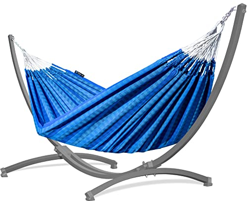 Potenza Outdoor Hängematte mit Verzinkter Gestell für 2 Personen I 100% Baumwolle Morena Doppelhängematte 230x160 cm, 220kg I Hängemattengestell 220kg, wetterfest (Blau, Gestell Grau)
