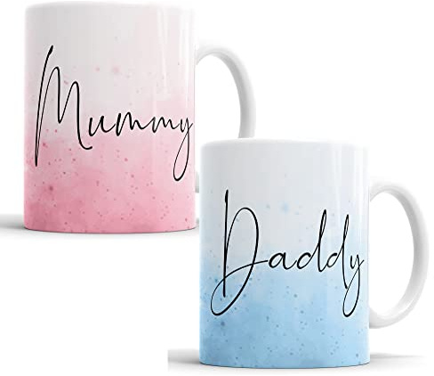 Faithful Prints Mummy and Daddy Watercolour Mugs for New Parents Mum and Dad, Mother, Father, Gift, Present (Mummy & Daddy Set)
