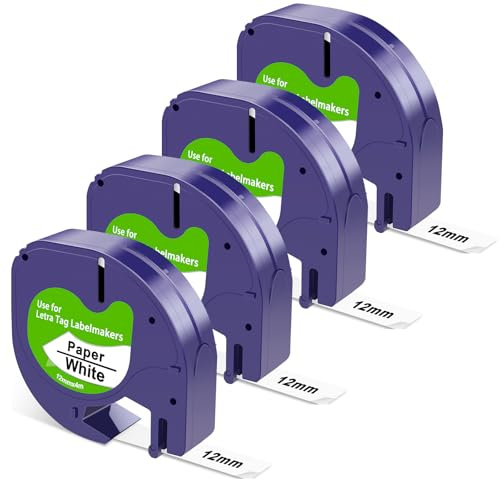 White Paper Kompatibel für Dymo LetraTag Etikettenband 12mm x 4m 91220 Refill Schwarz auf Weiß Ersatz für Dymo Etikettenband Letratag LT-100H LT-100T 200B XR XM 4-Pack