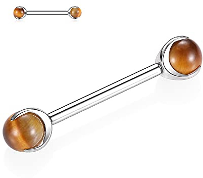AROWRO Nippelschmuck 14 Gauge Nippelringe Zungenringe mit Innengewinde 18mm Titan Nippelpiercings Silberne Nippelbarbells Tigerauge Stein Langer Stab Nippelringe Nippelstangen