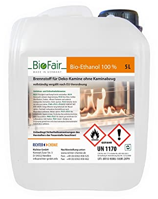 BioFair Bioethanol - 100% Reiner Brennstoff - Bioethanol für Bioethanolkamin, Ethanol Tischkamin, Wandkamin Indoor - 5 Liter