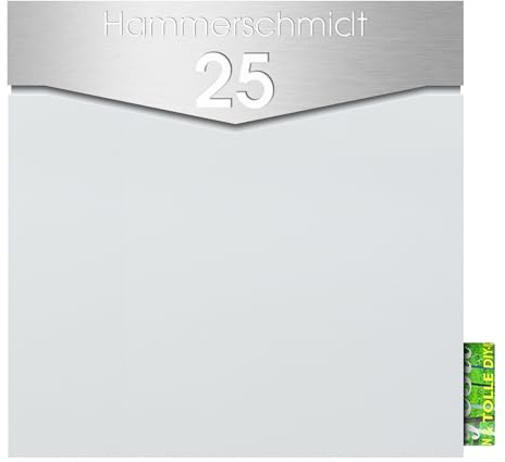 Briefkasten mit Zeitungsrolle Signal-Weiss mit Hausnummer und Name MOCAVI Box 710 Design-Postkasten mit Zeitungsfach rostfrei V4A-Edelstahl-Schild (Stick 509) mit Gravur Wand-Briefkasten wetterfest