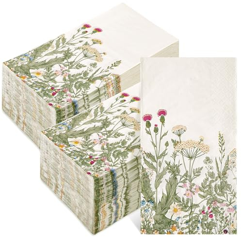 AnyDesign 100 Pcs Floral Guest Napkins Wildflower Disposable Paper Napkins Green Leaves Botanical Herbs Flower Dinner Hand Towel Napkin for Home Kitchen Bathroom Holiday Party Supplies