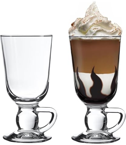 Biandeco Glass Irish Coffee Mugs, Tall Footed with Handles Latte Cup Set, Large Glasses for Coffee, Cappuccino, Ice Cream, Hot Chocolate, Hot Toddy Hot Beverages, Set of 2, 9 oz