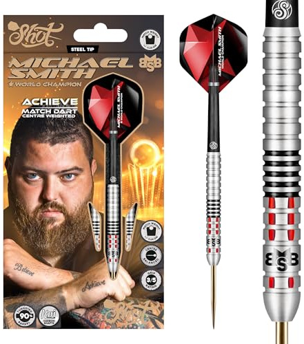 Shot! Darts Steel Tip, Michael Smith Achieve Match (21g/22g/23g/24g/25g/26g), 90% Tungsten Barrel, Center Weighted, Handcrafted Professional Dart Set & Flights Made in New Zealand, Metal Tip