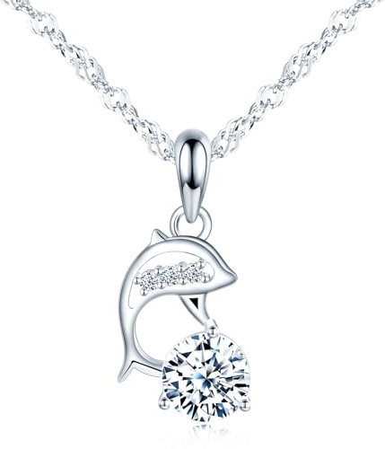 CONILOK Dauphin Round Zircon Colliers en Argent 925 pour Femmes Adolescentes Filles Amie Pendentif Collier Bijoux de Mode Maman Sœur Anniversaire Noël Saint-Valentin Fête des Mères Cadeaux pour Dame