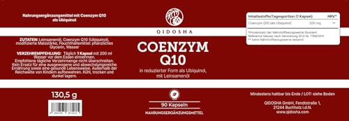 QIDOSHA® Coenzym Q10 Ubiquinol Kapseln hochdosiert, 200mg Ubiquinol je Kapsel, 90 Stk vegane Ubichinol Softgel-Kapseln, Coenzym Q10 flüssig, eingebettet in Leinsamenöl für optimale Bioverfügbarkeit