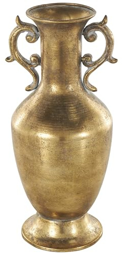 Deco 79 Metal Decorative Vase Weathered Vintage Amphora Centerpiece Vase with Scroll Handles, Flower Vase for Home Decoration 6 x 6 x 14, Gold