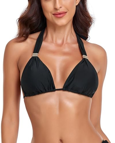 RELLECIGA Costume Donna Reggiseno Bikini Top Classico a Triangolo con Gioielli Dorati Nero M