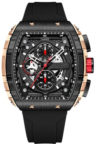 RORIOS Orologio Analogico Quarzo Orologi da Polso Tonneau da Uomo Orologi Moda Multifunzione Orologi Punk Cronografo con Cinturino in Silicone Nero A