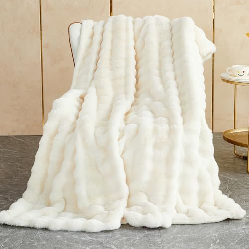 Coperta Plaid Super Morbida Pile Peluche di Coniglio Caldo e Spesso 230 x 280 cm, 1000 g/m² Divano Coperta Fluffy di Alta Qualità, Versatile Coperta Matrimoniale per Camera da Letto Viaggi, Bianco