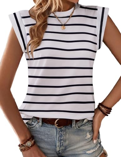 Zeagoo Topp dam basic linne ärmlös t-shirt sommar keps ärmar topp | Lös blus | Toppar med rund hals | Enfärgad väst | Randig skjorta | XS-XXL