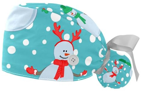 2 x Weihnachtsmann-Scheuermütze für Damen, Arbeitskappe mit Knöpfen, verstellbarer Raffhalter, OP-/Krankenschwestermütze, Mehrfarbig 3, Small-3X-Large