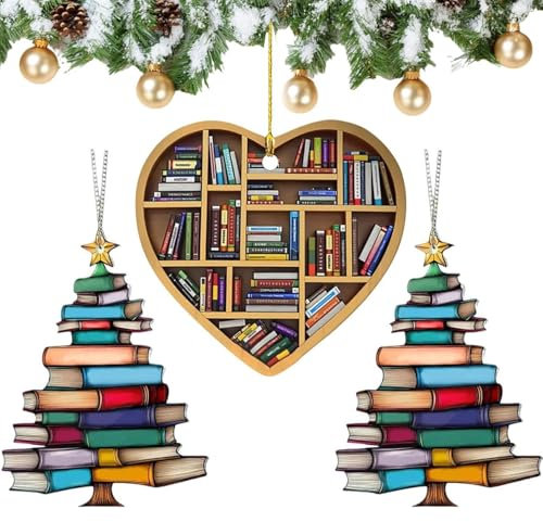 3PCS Book Christmas Tree Ornaments, Christmas Ornaments For Book Lovers, Stacked Books Pendant Hanging Gift Decorations for Christmas Tree