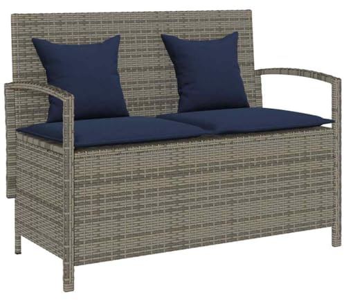 vidaXL Gartenbank mit Stauraum und Kissen Grau Poly Rattan
